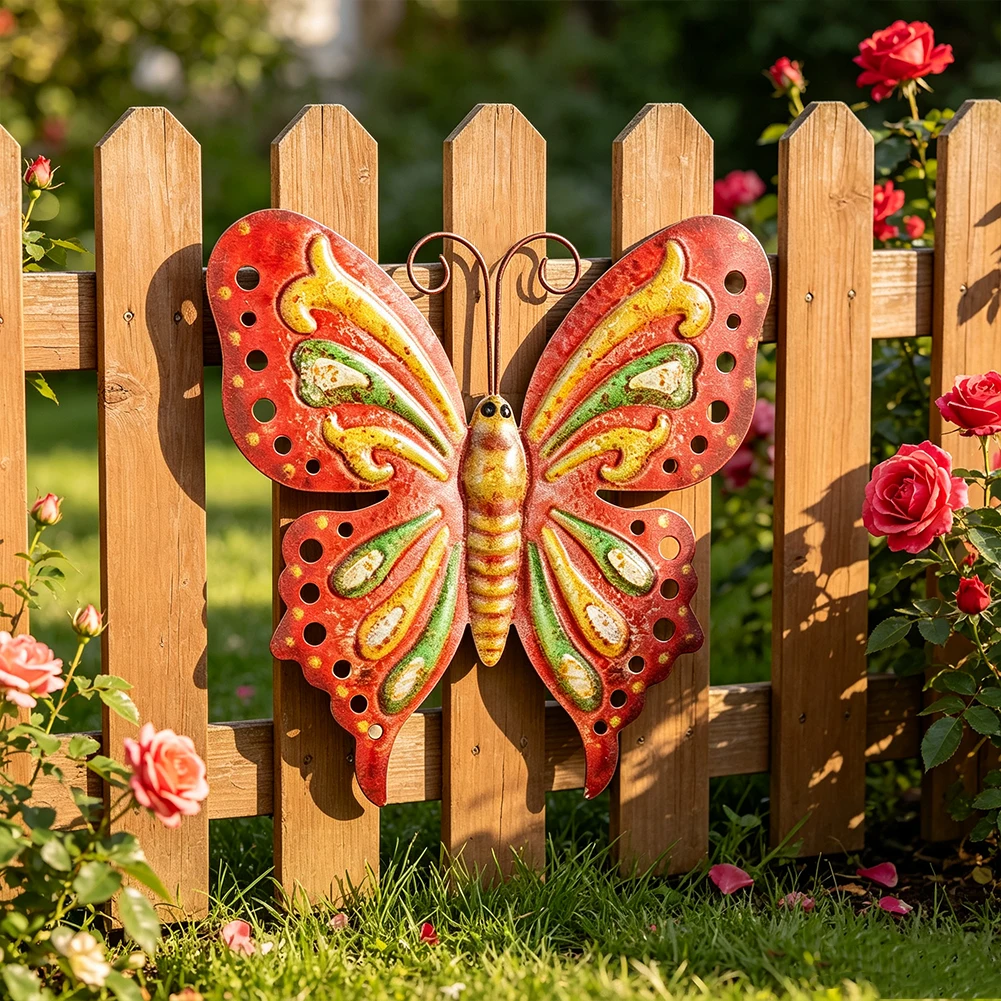 Rustic Metal Butterfly Wall Hanging Decor Colorful Iron Insects Sculpture for Garden Fence Patio Yard Outdoor Wall Art Home Gift