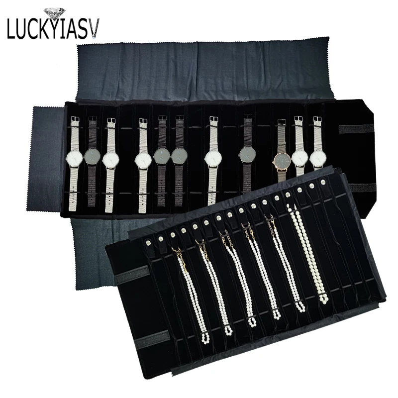 حقيبة تخزين المجوهرات المخملية السوداء، حقيبة تنظيم لفة لمعرض أكياس تغليف القلائد المحمولة للسفر #2