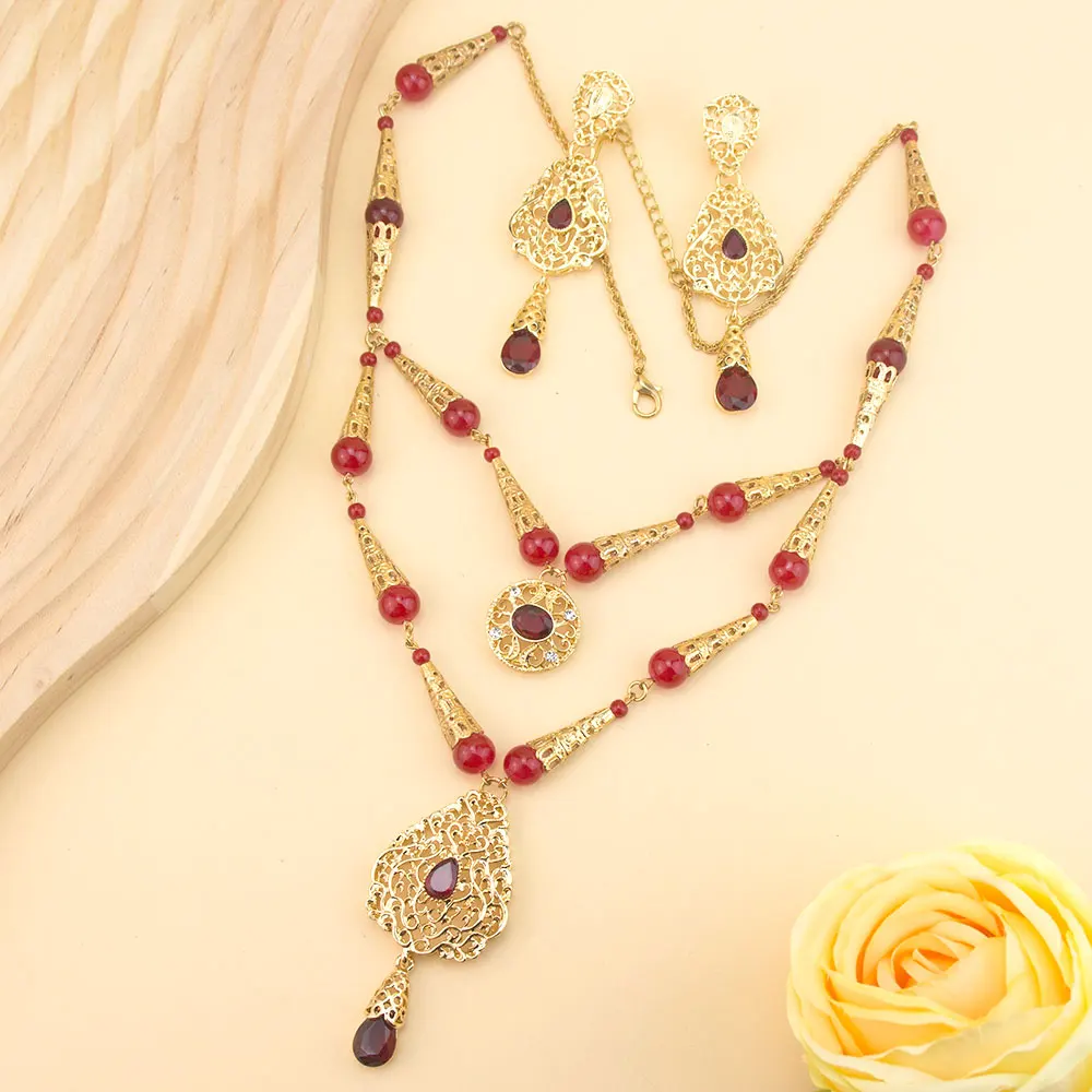 Sunspicems Chic Moroccan Beads Necklace Double Layered Chain Arabic Bridal Jewelry Necklace Earring Sets Banquet Daily Bijoux