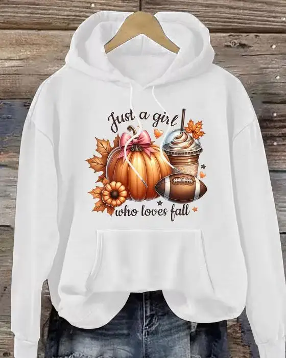 Women Just A Girl Who Loves Fall Graphic Long Sleeve Hoodie Preppy Style Campus Outfit Hooded Pullover Pumpkin Maple Leaf Coffee Football Print Fall Party Casual Wear