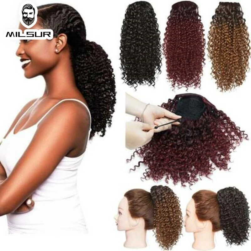 Afro Kinky Curly Ponytail Human Hair Extensions 10-28inch Natural Color Clin In Remy Hair Kinky Curly Ponytail For Black Women