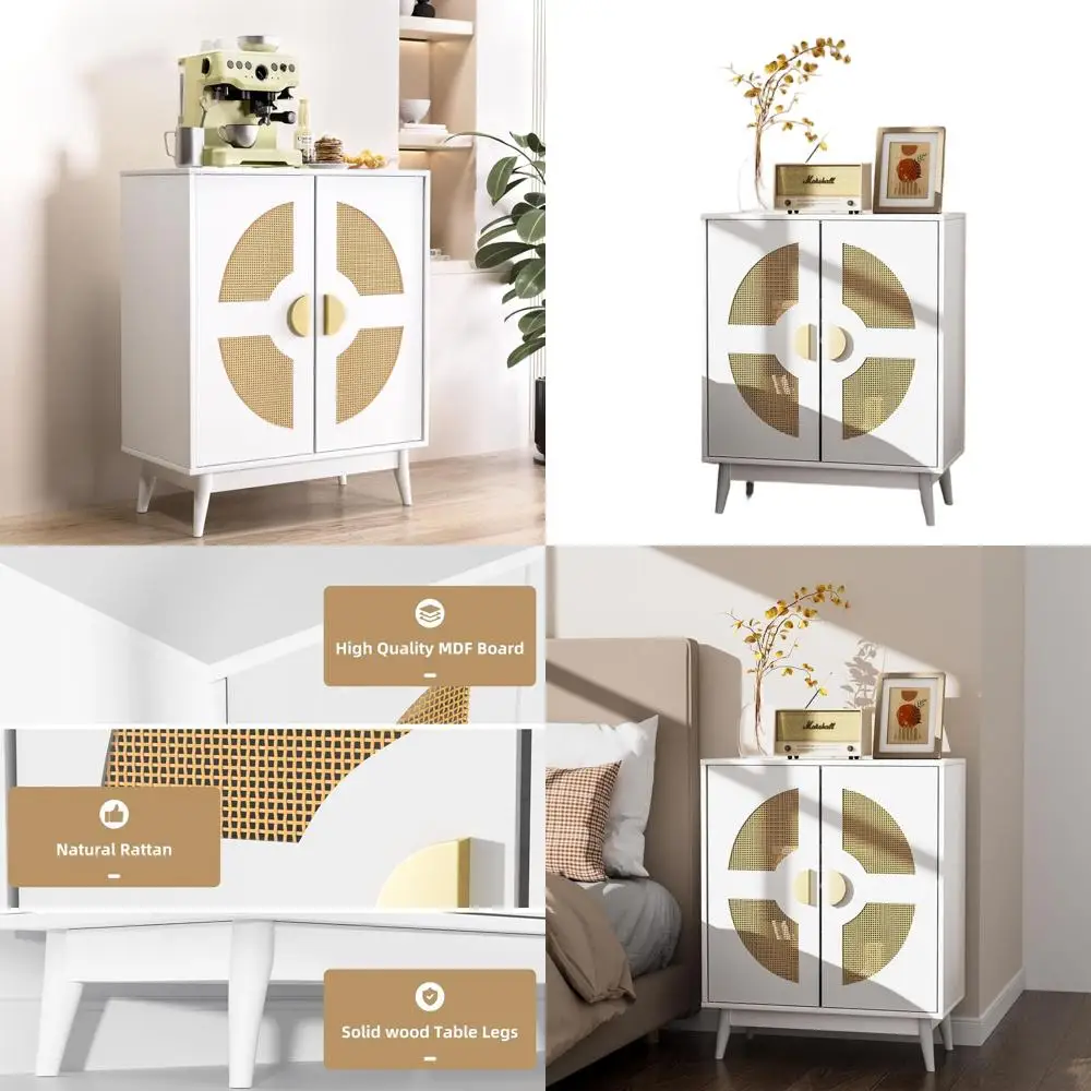 

White Storage Buffet Cabinet with Doors & Shelves, Rattan Accent Console, Mid Century Walnut Media Table for Living/Dining Rooms