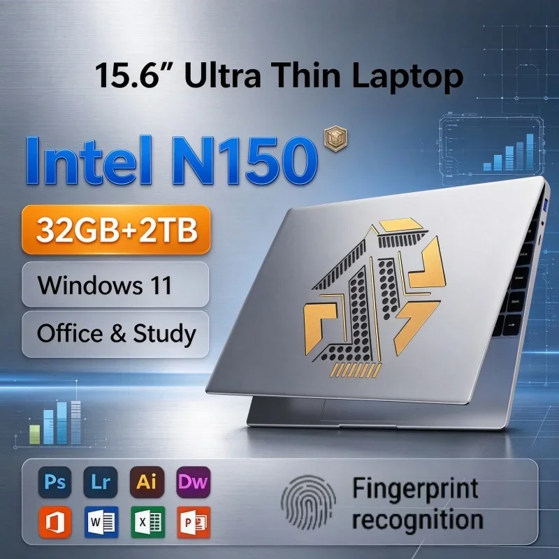 15.6" FHD Display Notebook Intel N150 Windows 11 32GB RAM 1TB/2TB SSD Fingerprint Unlock Portable Daily Use Office Gaming Laptop