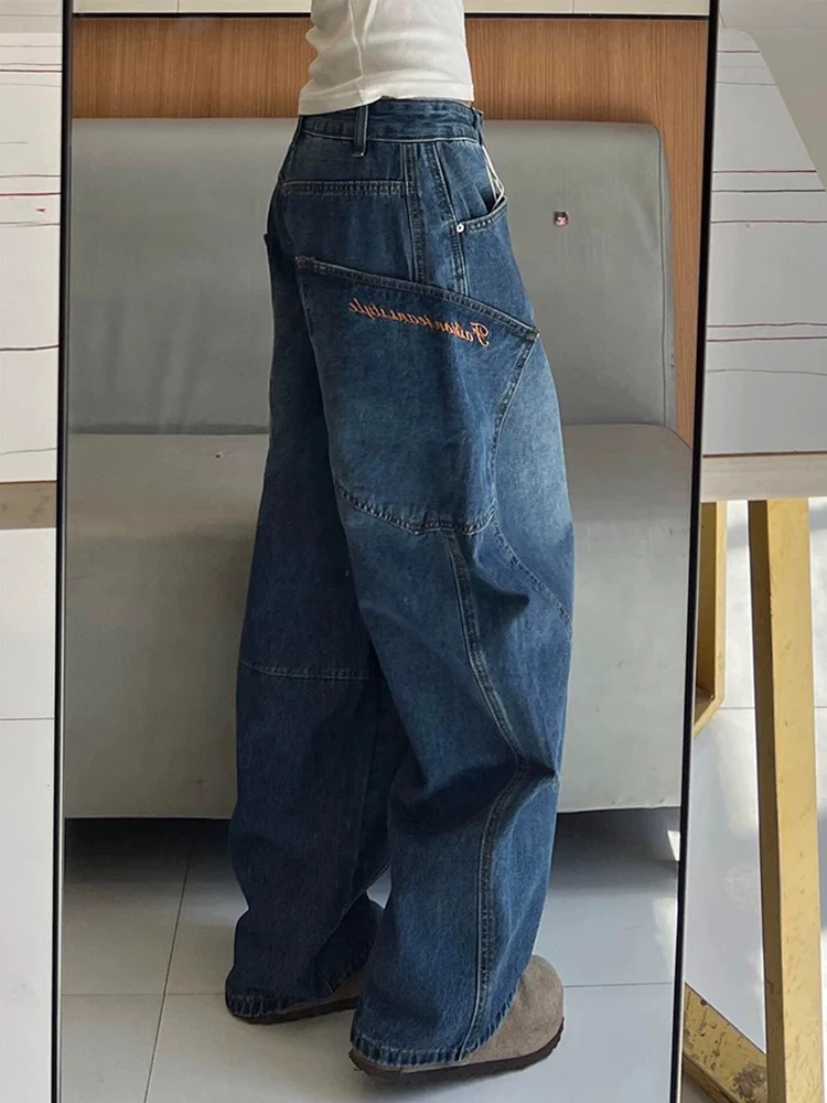 

Большие размеры, американские джинсы с вышивкой, женские осенне-зимние свободные брюки с высокой талией, узкие прямые широкие брюки