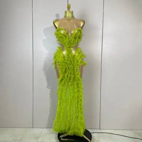 STOCK Sparkly Green Rhinestones Mesh Sheer Ruffle Maxi Dress Celebrate Eveing Birthday Party Nightclub Red Carpet Stage Costumes
