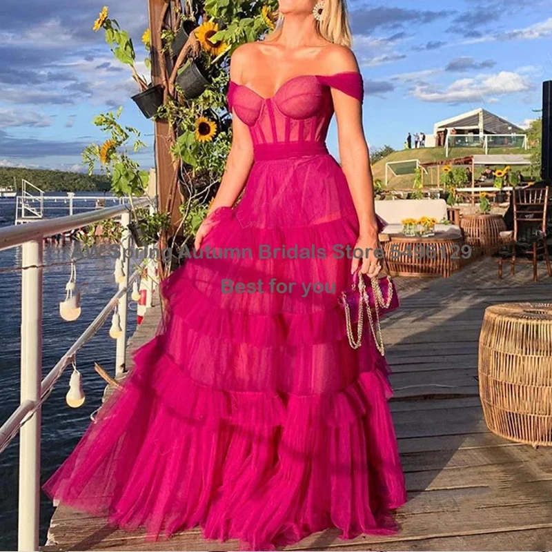 Ruffle Tiered Tulle Layers Long Prom Dresses Off The Shoulder Fuchsia Party Evening Gown Floor Length robes de soirée 2024