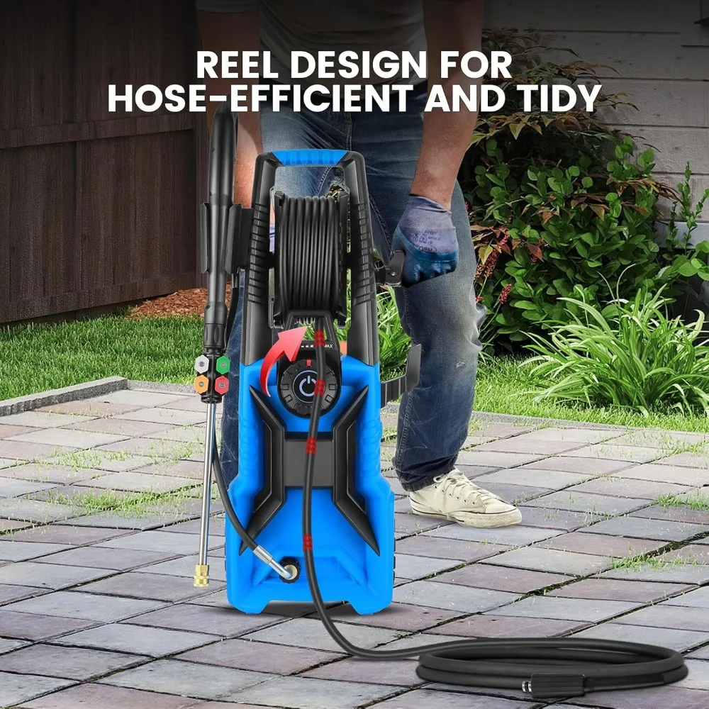 5000 PSI 조절 가능한 압력, 33피트 압력 호스, 4개의 노즐 및 500ml 폼 캐논이 포함된 파워 워셔, 청소