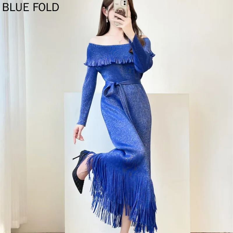 

MIYAKE 2025 Summer New Stylish Versatile Slimming One-shoulder Tassel and Elegant Sexy Pleats Dress
