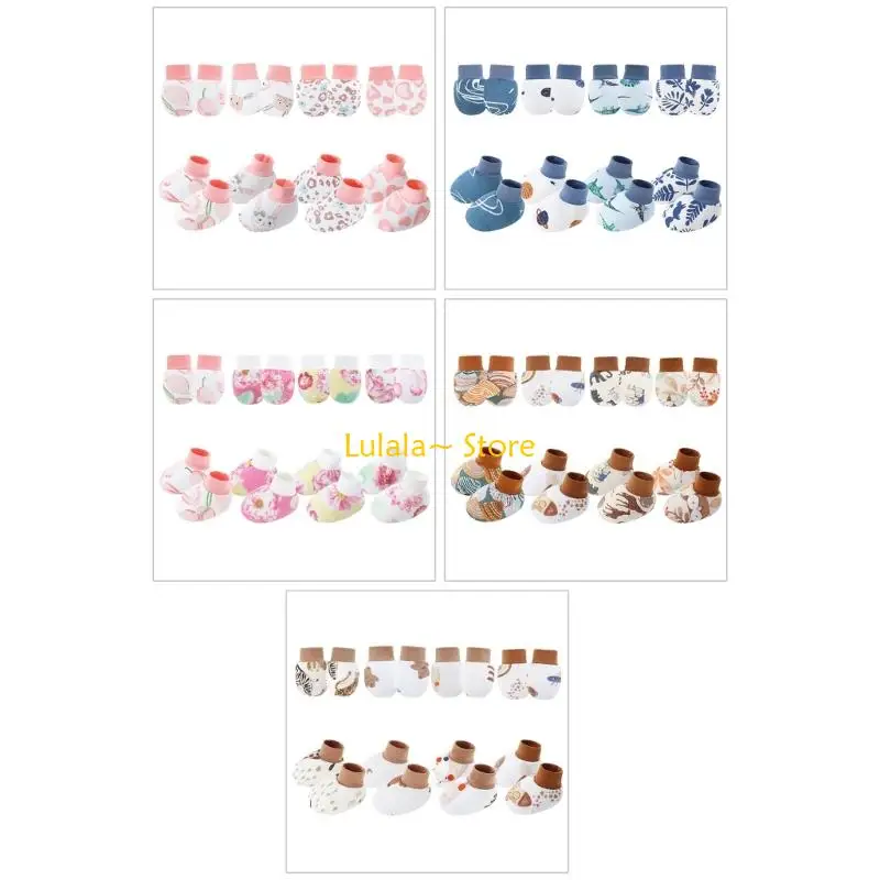 

Y4QA Set of 4 Infant Cotton Mittens Anti Scratch Hand Cover Soft Breathable Warm Gloves & Socks for 0-6M Boys Girls