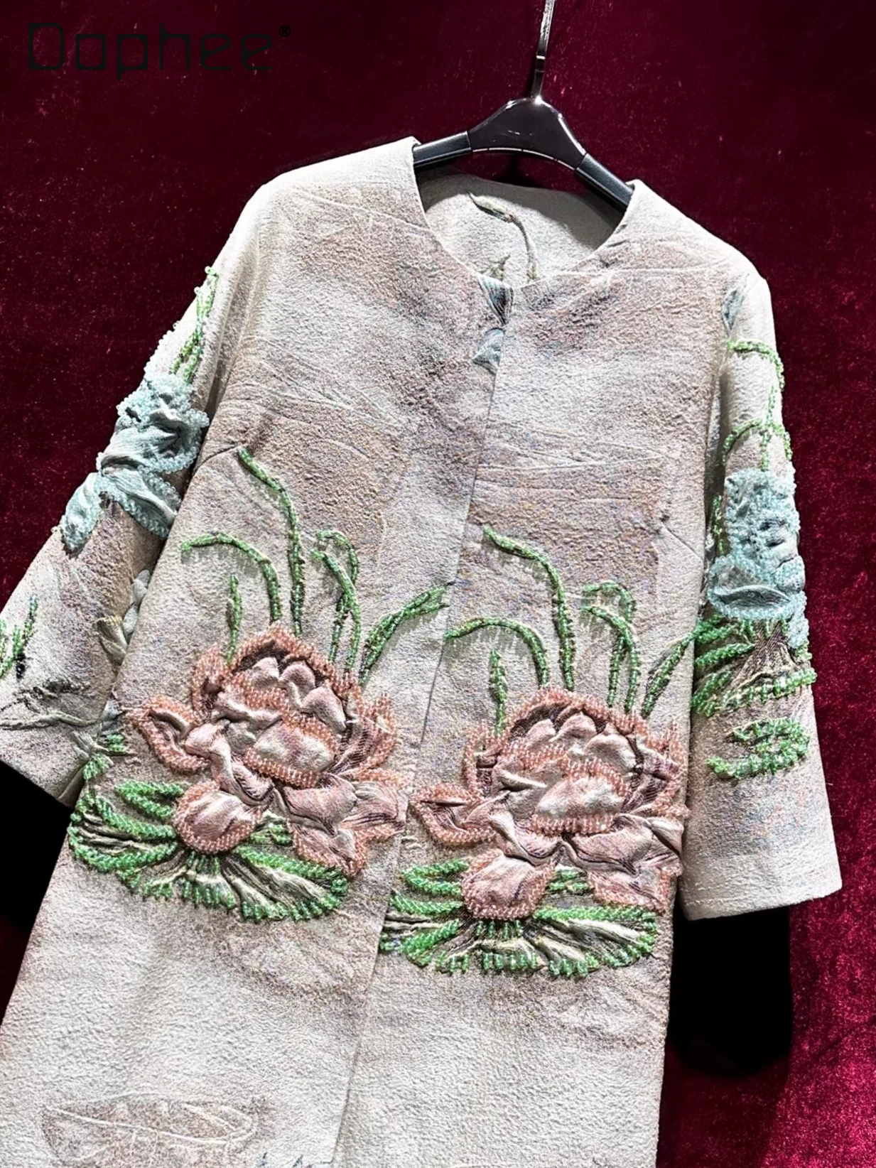 

High-end Three-dimensional Jacquard Flower Embroidery Heavy Beading Mid-length Coat Women Versatile Elegant Socialite Loose Coat