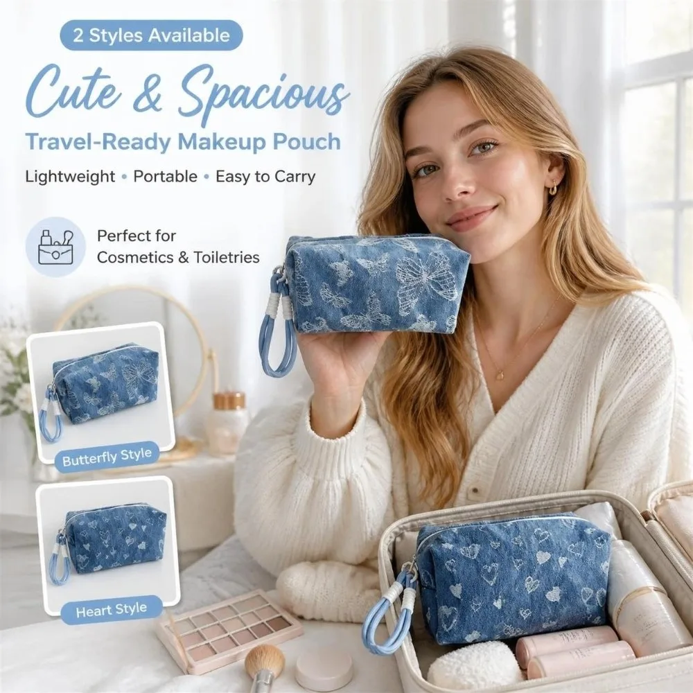 Large Capacity Butterfly Print Cosmetic Pouch Heart Puffy Storage Pouch Organizer Pillow Shape Washable Denim Makeup Bag