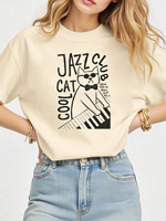 Short Sleeve T-Shirt  Sunglasses Bowtie Jazz Cat Paw on Piano Keyboard, \