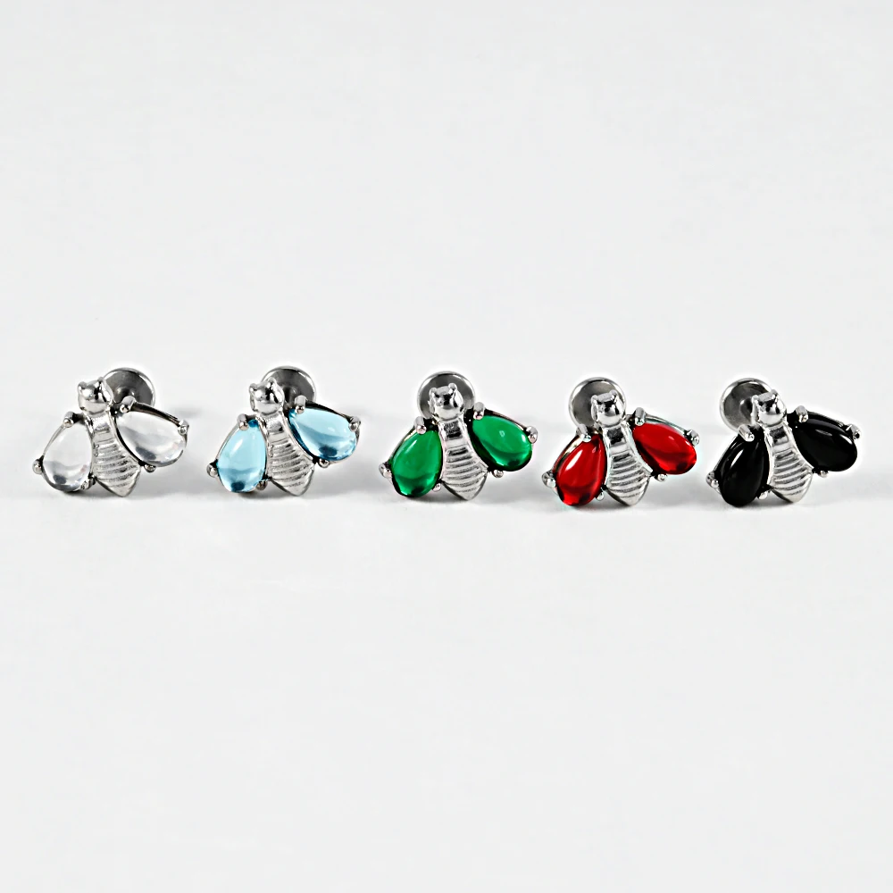 1/5PCS Stainless Steel Insect Bee CZ Wings Design Labret Spider Bat Ear Stud Internal Thread Tragus Cartilage Piercing Jewelry
