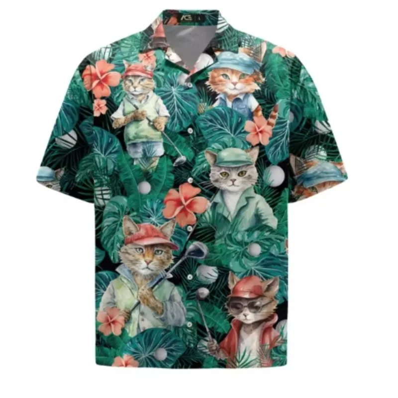 New Animal Cat Hawaiian Shirt Men's Printed Dinosaur Pattern Shirt Button Collar Short Sleeve Fashion Shirt Clothing Mens Summer