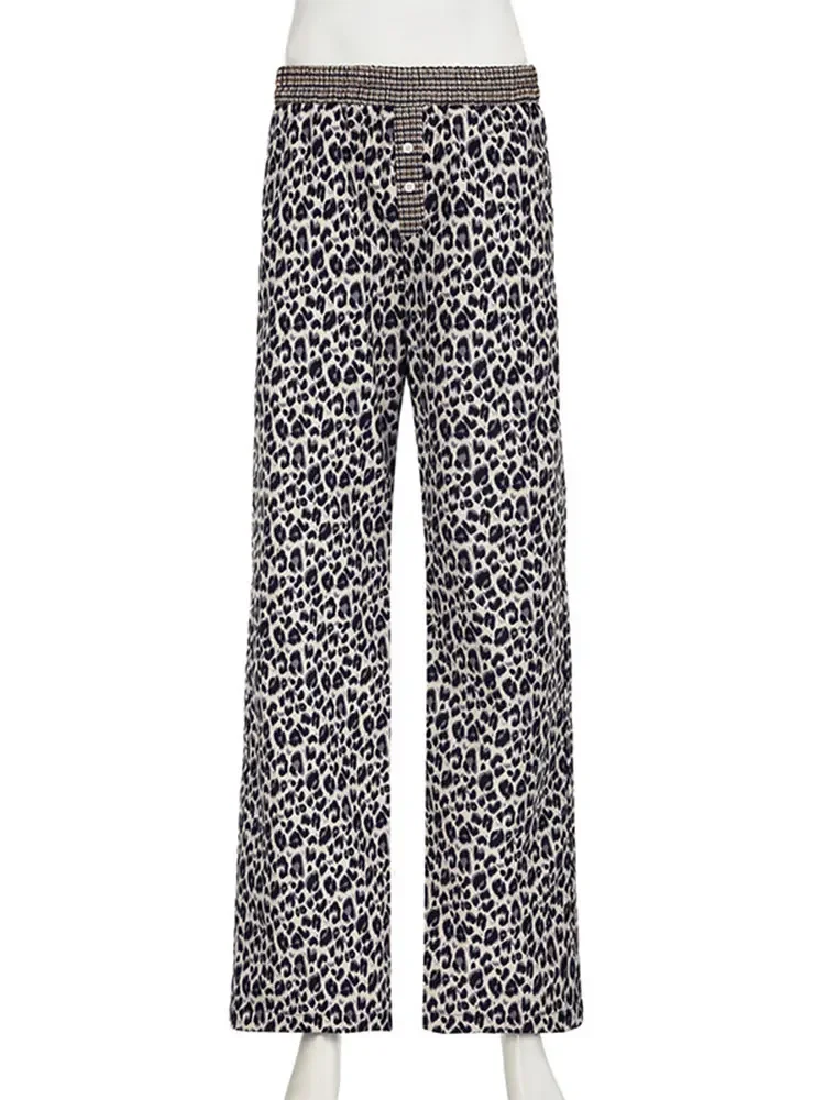 Pantalones con estampado de leopardo para mujer, pantalón holgado elástico de cintura alta con botones, a la moda, de gran tamaño, para otoño, 2024