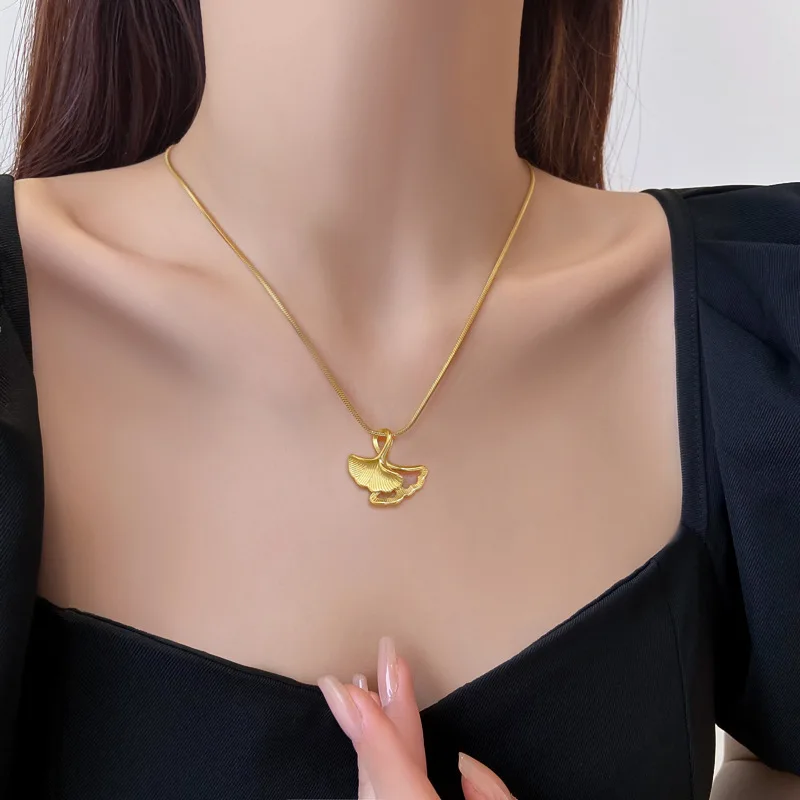 DIEYURO 316L Stainless Steel Gold Silver Color Ginkgo Leaves Pendant Necklace For Women Girl New Trend Neck Chain Jewelry Gift