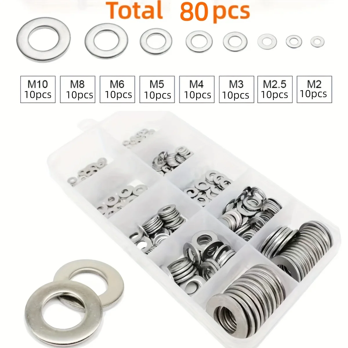 Edelstahl-Flachscheiben-Sortiment M2 M2.5 M3 M4 M5 M6 M8 M10, Hardware-Befestigungen für Heimdekoration und Industriereparatur Metallscheiben, Befestigungsteile, Schraubenzubehör, Hardware-Set, Ersatzteile, Montagekomp – Detail 3