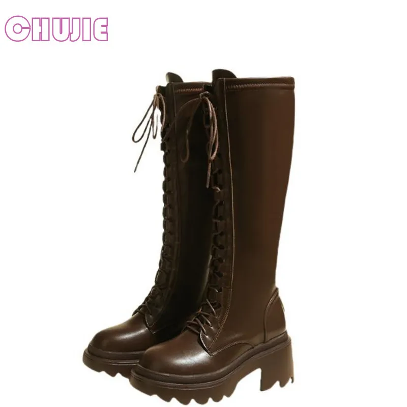 

CHUJIE Thick Soled Long Tube Boots, Autumn And Winter, Lace Up But Not Over The Knee High Tube High-heeled Women's Boots