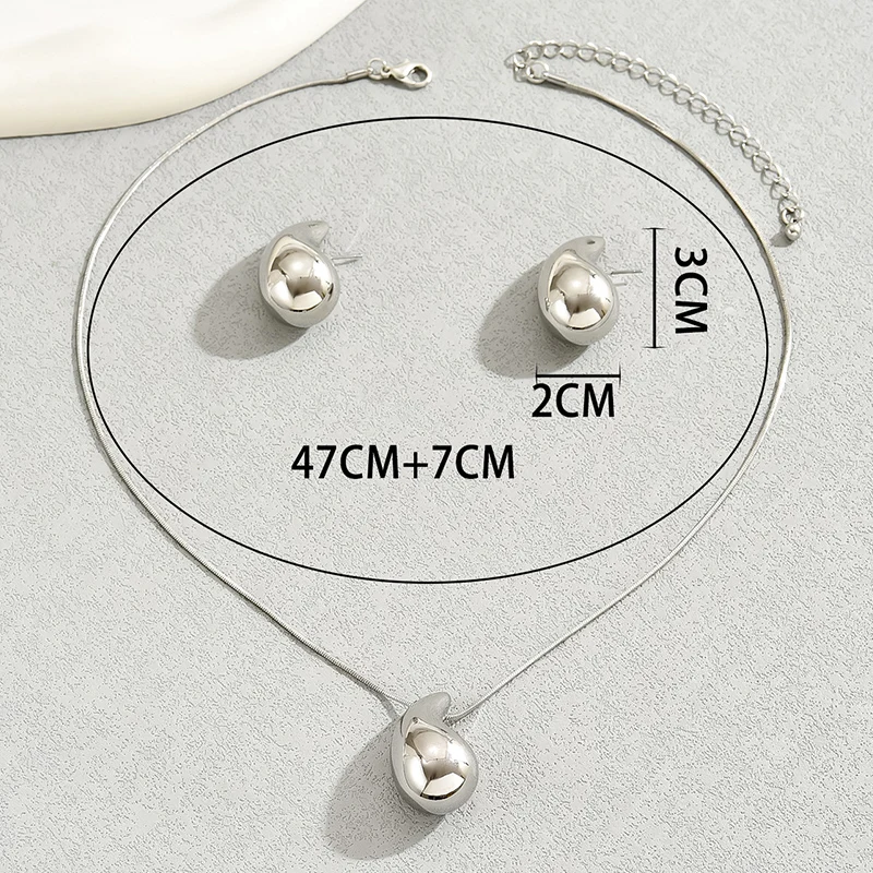 Water Drop Shape Jewelry Set 2 Pcs Necklace Stud Earrings Gold Silver Color Zinc Alloy Simple Style For Woman image 6