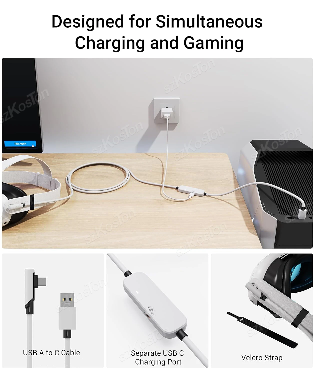 كابل ربط VR للشحن السريع بطول 16 قدم مع سلك USB3.0 منفذ شحن إضافي لملحقات Meta Quest 3/3S/ Quest2 Pico4 SteamVR