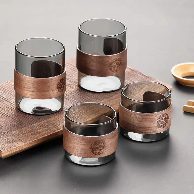 Thickened Glass Tea Cup with Wooden Ring Heat-resistant and Heat-resistant Water Cup Master Cup Household Glass Cup Coffee Cup