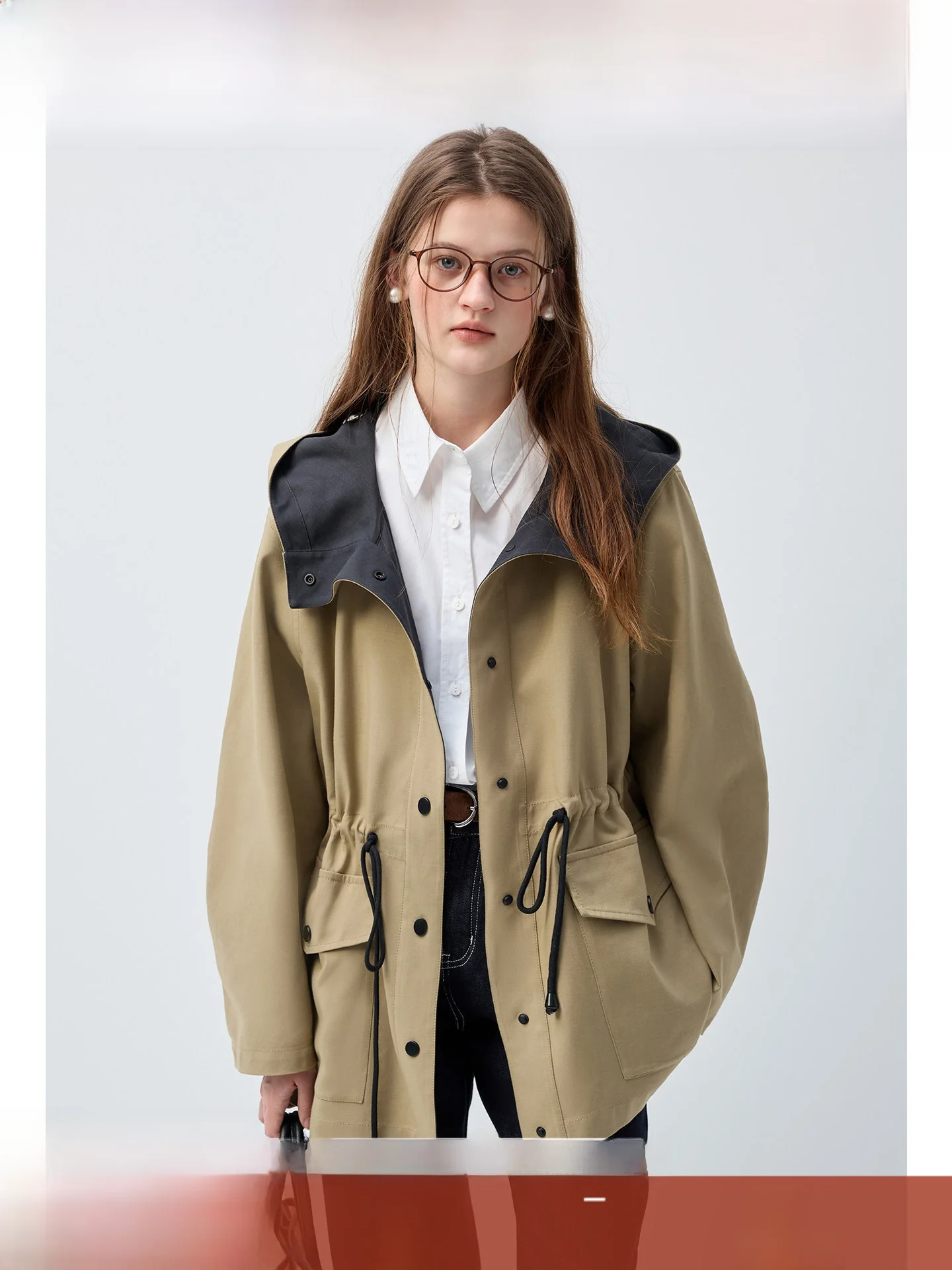 

Женская одежда больших размеров Rui: элегантная куртка с капюшоном, двойным цветом и поясом, свободного кроя, для пышных форм, весенняя верхняя одежда