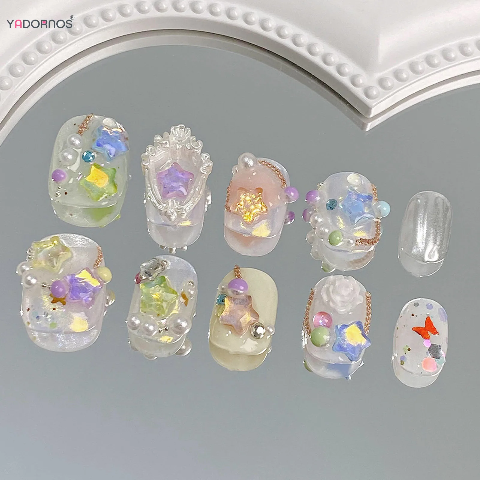 Uñas postizas 3D hechas a mano para mujer, diseño de estrella, flor y Perla, Color desnudo, manicura artesanal