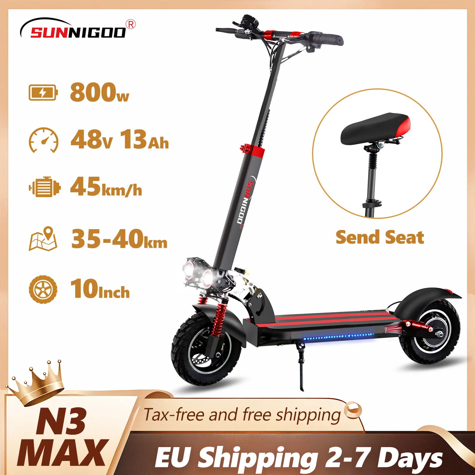 Trottinette électrique SUNNIGOO pour adulte, 10 pouces, tout-terrain, batterie lithium 48V, vitesse maximale ​ ​ Trottinette électrique pliable 45 km/h avec siège