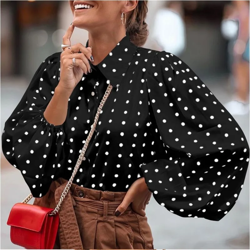 

Faionable Loose Women's irt M4XL Casual Chiffon Tops Street Sle round Print Long Sve Button Detail Straight Cut Blouse