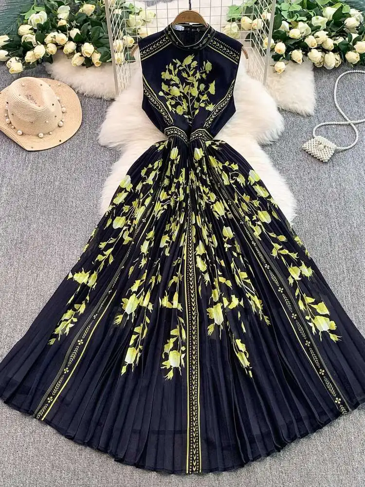 แฟชั่นElegantจีบดอกไม้Maxiชุดผู้หญิงฤดูร้อนฤดูใบไม้ร่วงแขนยาวVINTAGEชุดลําลองหญิง