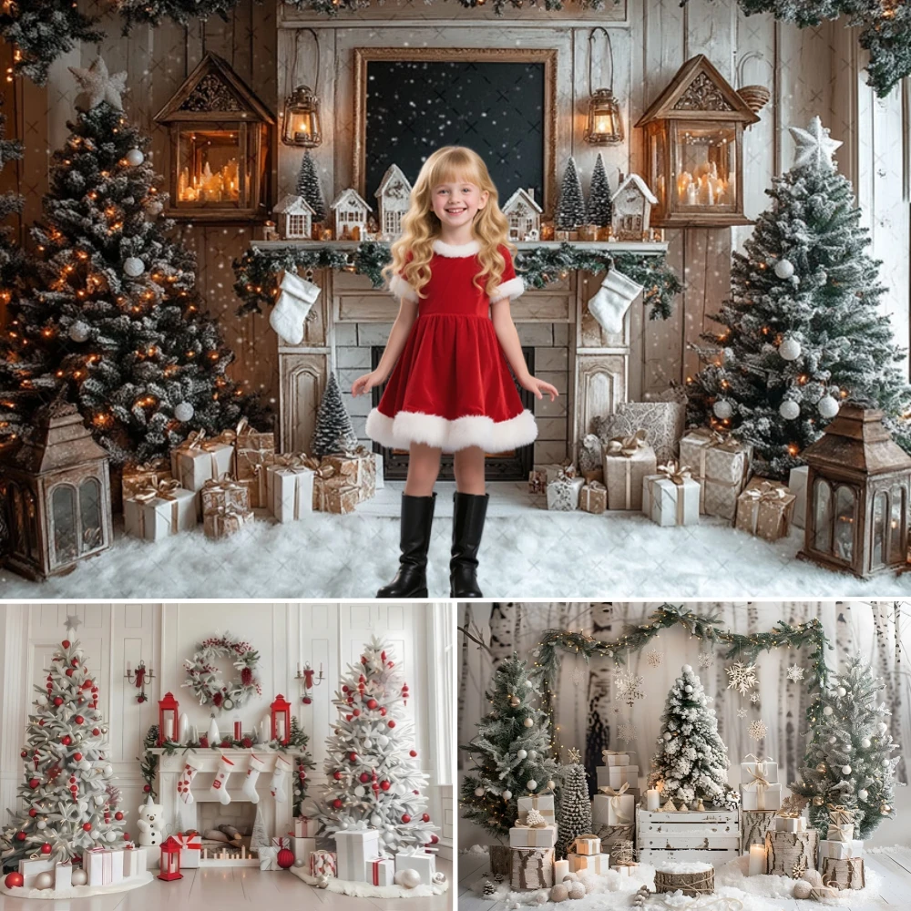 

Christmas Party Backdrop Xmas Tree Fireplace Wooden Window Family New Year Decor Winter Snowy Birthday Photo Kid Gift Decoration