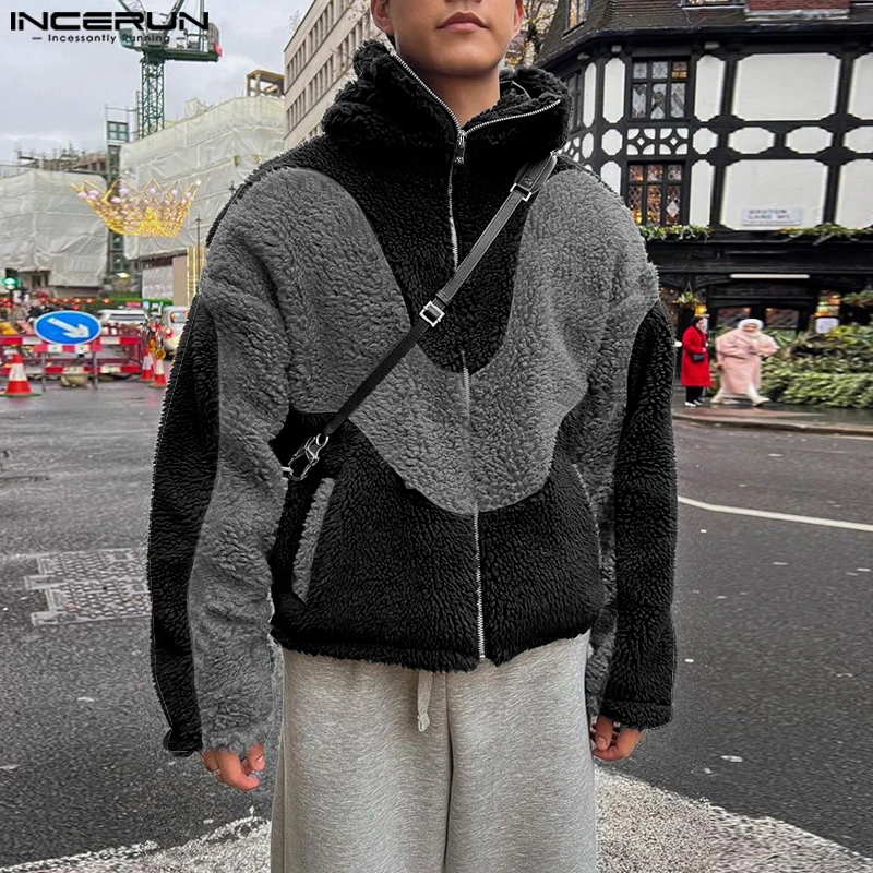 

INCERUN Stylish Mens Tops Suede Contrast Color Splicing Hooded Jacket Autumn Male City Walk All-match Long Sleeved Zipper Jacket
