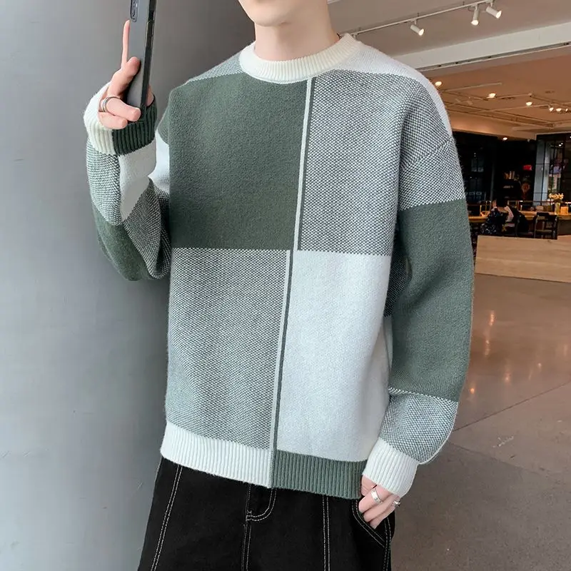 

Trendy Bottominng Knitted Sweater Autumn Winter Thicken Plush Men Casual Sweater Spliced Contrasting Color Pullovers Sweater