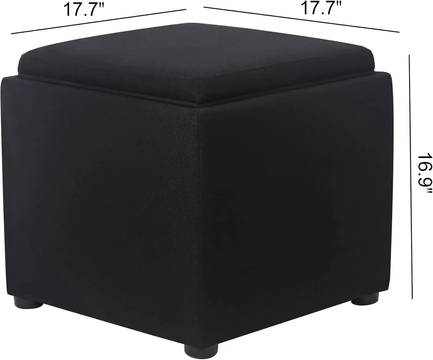 Storage Square Ottoman with Tray, Small Linen Foot Rest Stool Cube, Coffee Table for Dorm Living Room Bedroom, Black