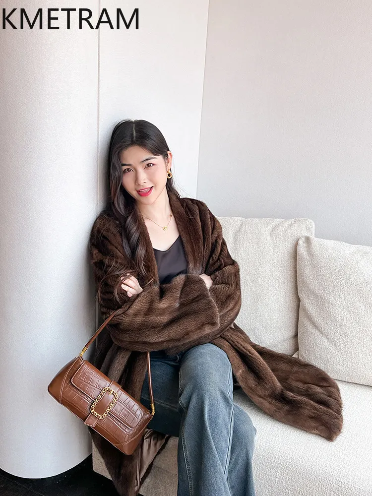 Jaqueta de Pele de Mink 100% Natural de Grau Veludo KMETRAM para Mulheres, Casaco de Pele Real com Decote em V, Roupas de Inverno Femininas 2026