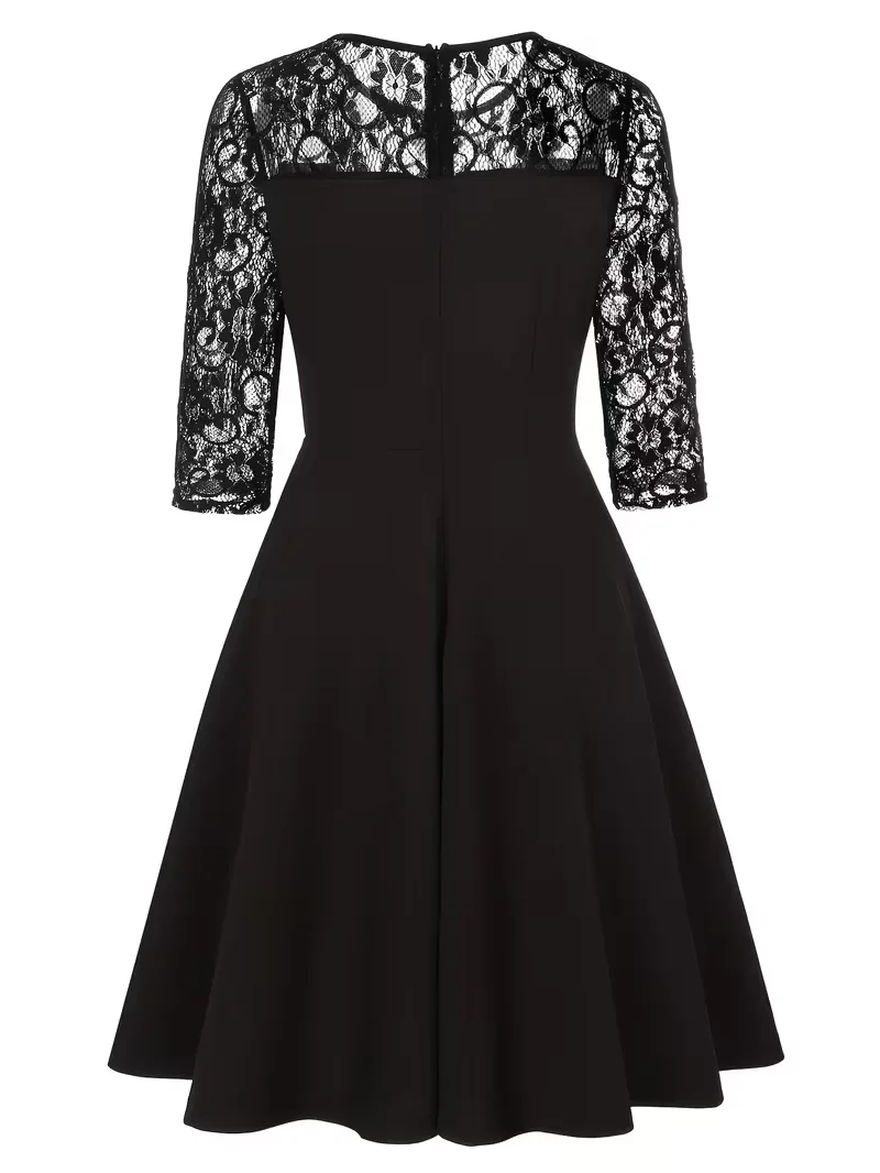 Damen Sexy Rundhals-Kleid mit 2/3-Ärmeln, Elegantes Sommer-Bürokleid, A-Linie, Schwarz, Stilvoll mit Weitem Rock – Detail 7