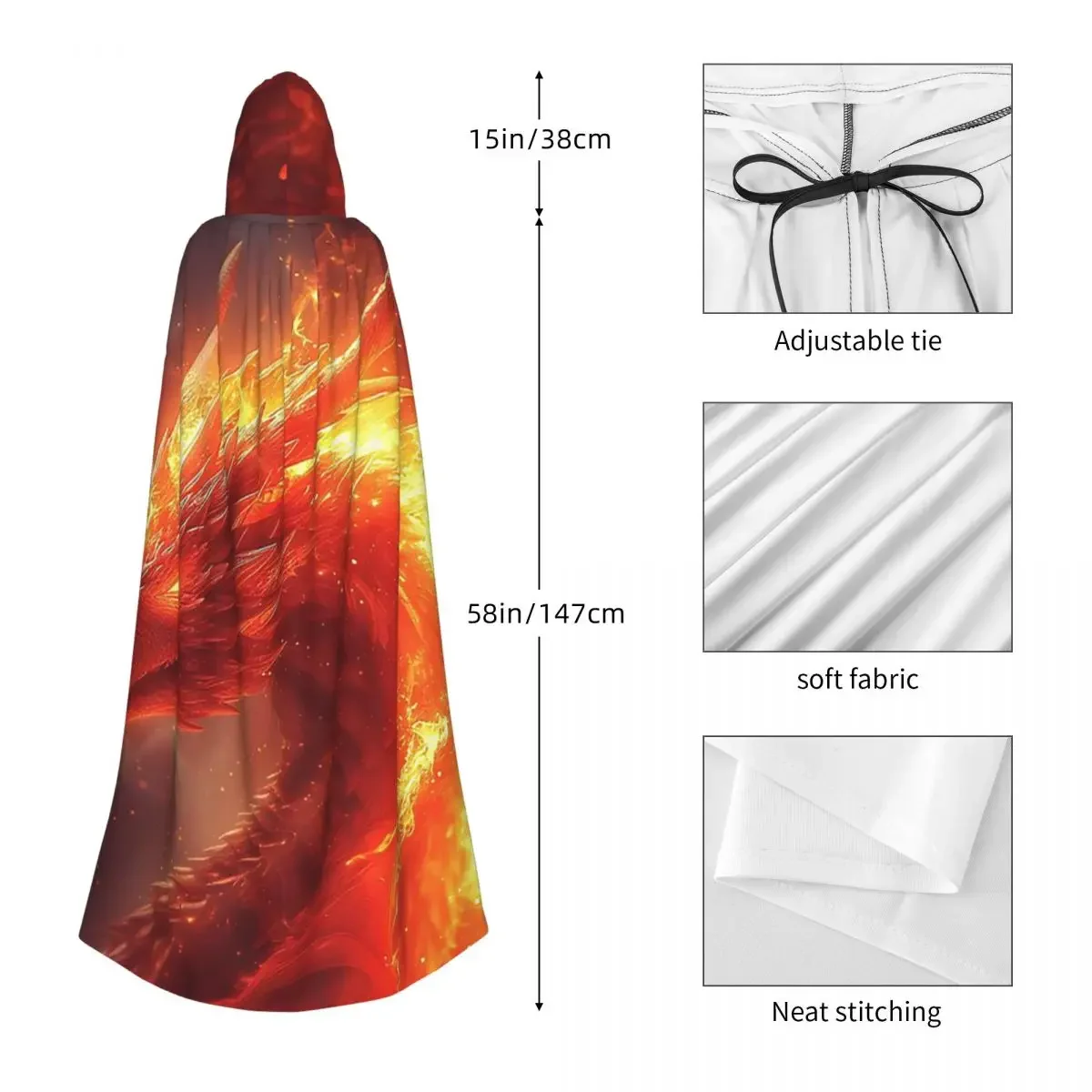 Custom Dragon In The Fire Long Hooded Cloak Witch Medieval Costume Cosplay Cape HalloweenVampire Adult Unisex