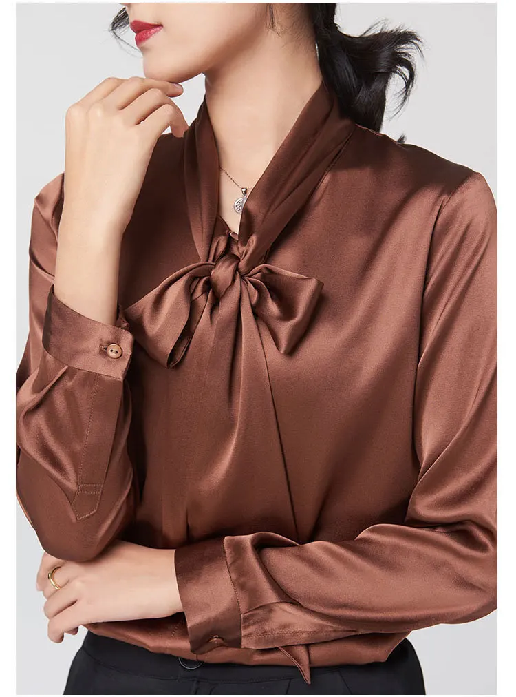 93% Silk 7% Spandex Women's Shirt Lace Up Bow Collar Long Sleeves Elegant Fashion Blouse Tops