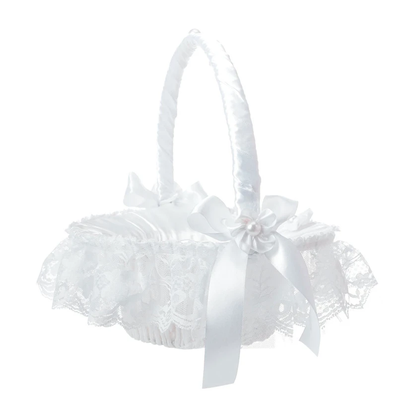 Flower Girl Basket for Wedding Small White Wrapped Baskets with Lace Ribbon Bows and Faux Flowers Decoration