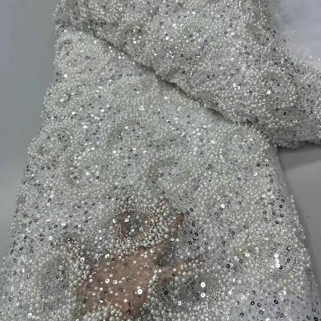 

Africa Nigerian Beaded French Mesh Lace With Sequins High Quality 2025 Embroidery Lace Sequins Lace For Wedding Dresses Women
