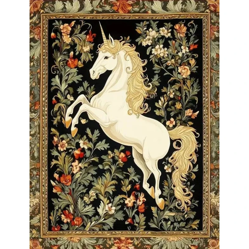 DIY Medieval Unicorn Diamond Painting, Vintage Floral Mythical Beast Art For Living Room Wall Decoration Handmade Gift
