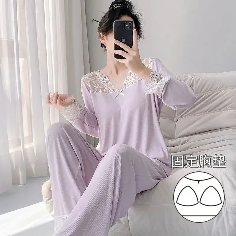 

2026 Spring Long Sleeve Long Pants Modal Pajama Sets for Women Korean Cute Lace Sleepwear Pyjamas Homewear Pijama Mujer Clothes
