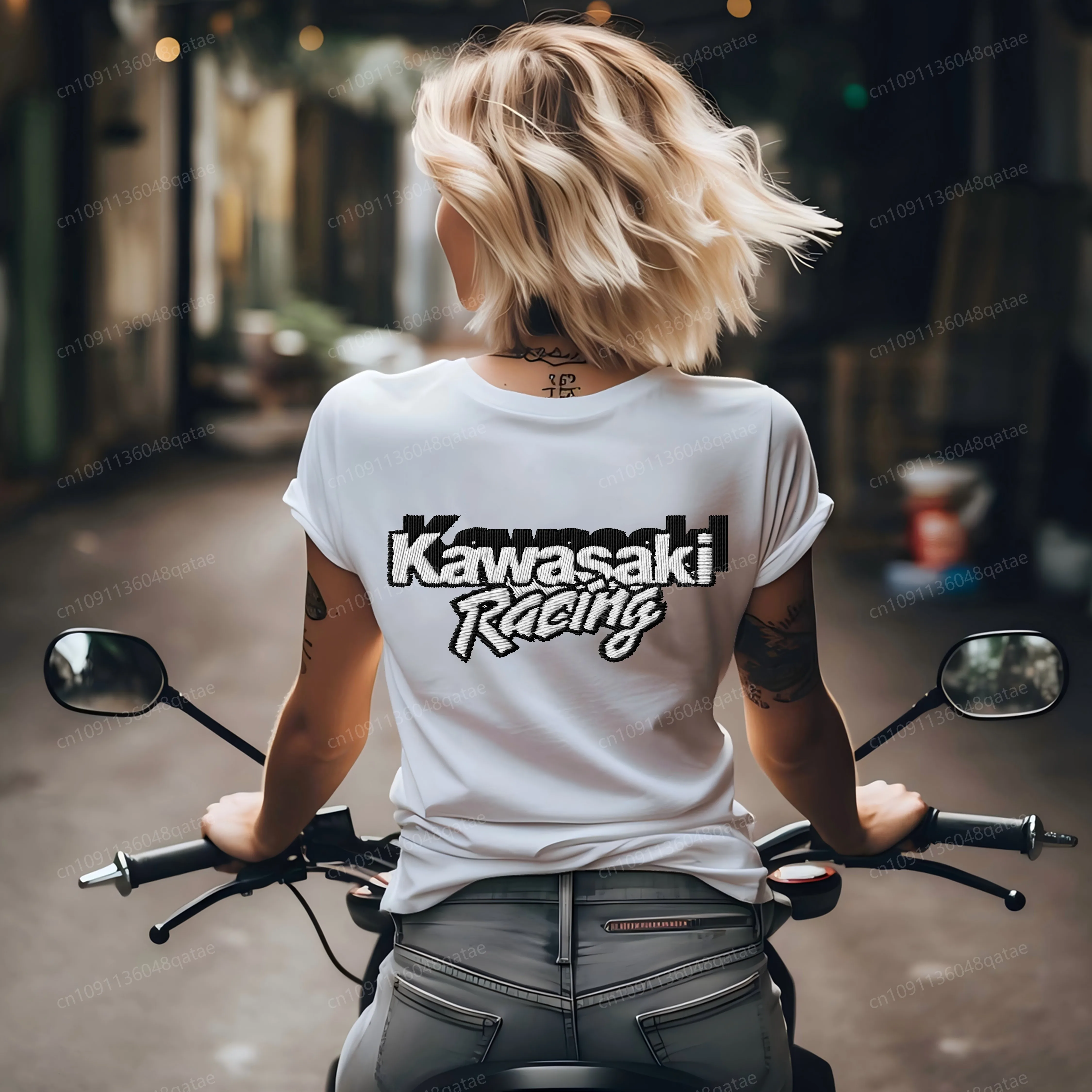 

Motorcycle Tops Woman 2025 Embroidery Kawasaki Combed Cotton 3D Printing Women's T-shirt Top Clothing Y2k Clothes Female Summer
