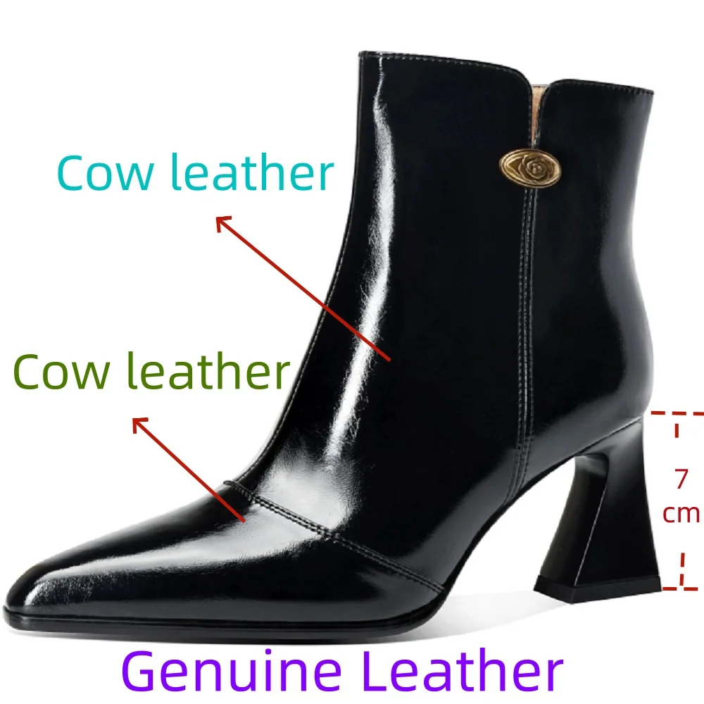 【JOCHEBED H U】Handmade Genuine Leather Style Pointed Toe V-Notch Boot Chunky Heel Short Boots Large Size Slimming Effect 34-43