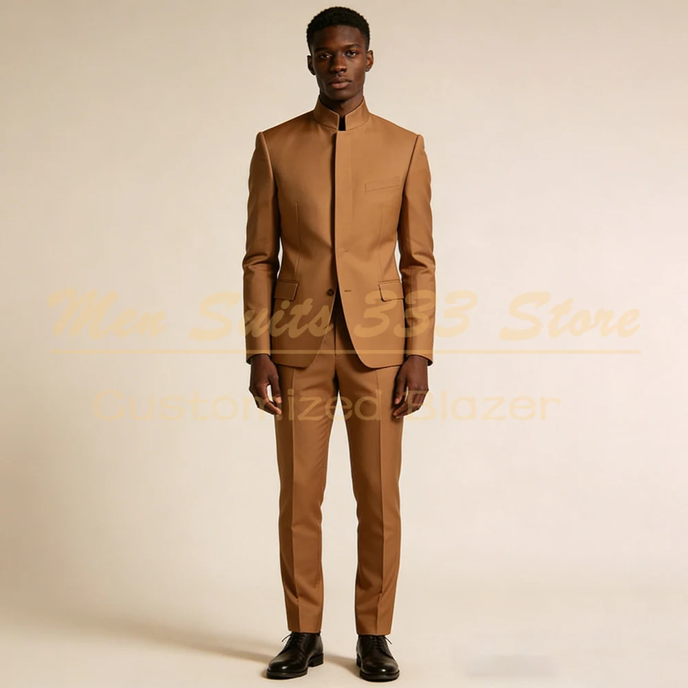 

Solid Color Men's Suits Blazer Fashion Mandarin Collar Blazer Regular Fit 2 Piece Jacket Pants Full Sets Outfits