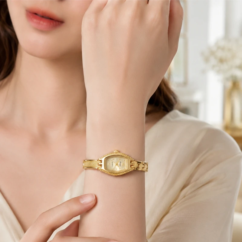 Vintage Gold Women's Watch Elegant Tonneau Dial Quartz Wristwatch Woman Luxury Thin Bracelet Dress Watch for Ladies Reloj Mujer