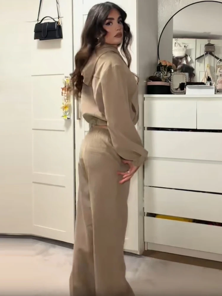 Women Solid Hooded Zip Up Two Piece Outfit Set Cropped Top Drawstring Elastic Waist Wide Leg Pants Chic Daily Street Outfit New