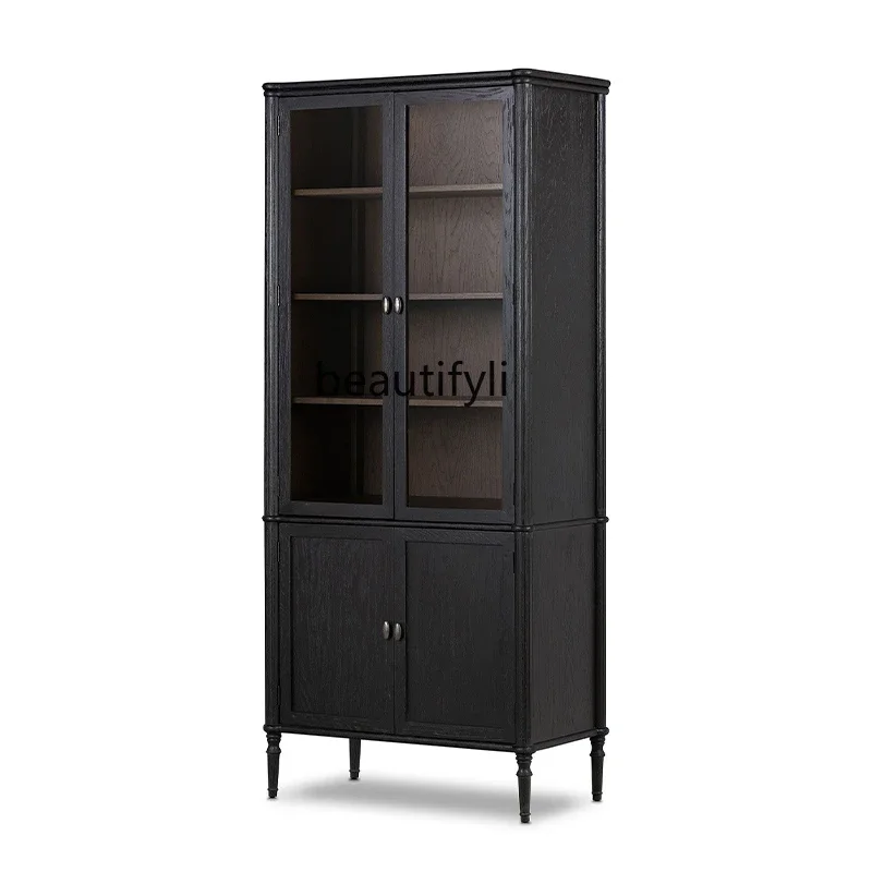 

American retro old black solid wood bookcase bookshelf small apartment study storage cabinet