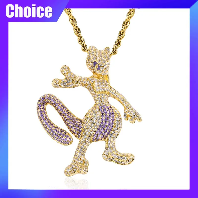 PokéMon Mewtwo Figure Necklace Anime Cartoon Pendant Kawaii Cute Zircon Casual Fashion Hip-Hop Jewelry Birthady X-Mas Gift