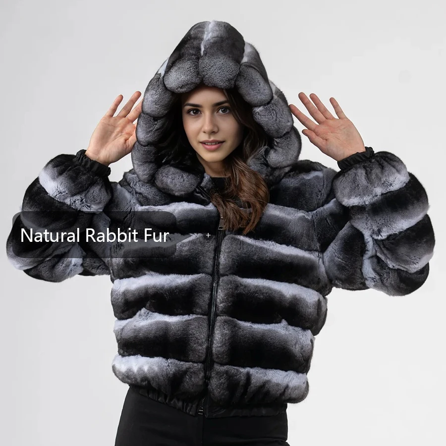 Cappotti invernali in pelliccia di coniglio naturale caldo Cappotto in pelliccia di coniglio Chichilla Rex con cappuccio Giacca bomber Giacca invernale da donna più venduta